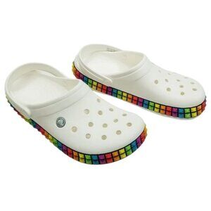 White Crocs Classic Clogs Rainbow Pyramid Studs Along Soles‎ Unisex Size W11/M9